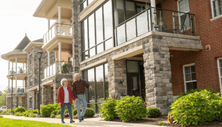 Older couple walking on a sidewalk during a senior living open house