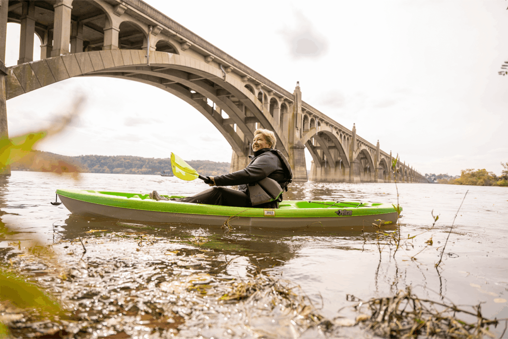 Older woman kayaking in Lancaster PA
