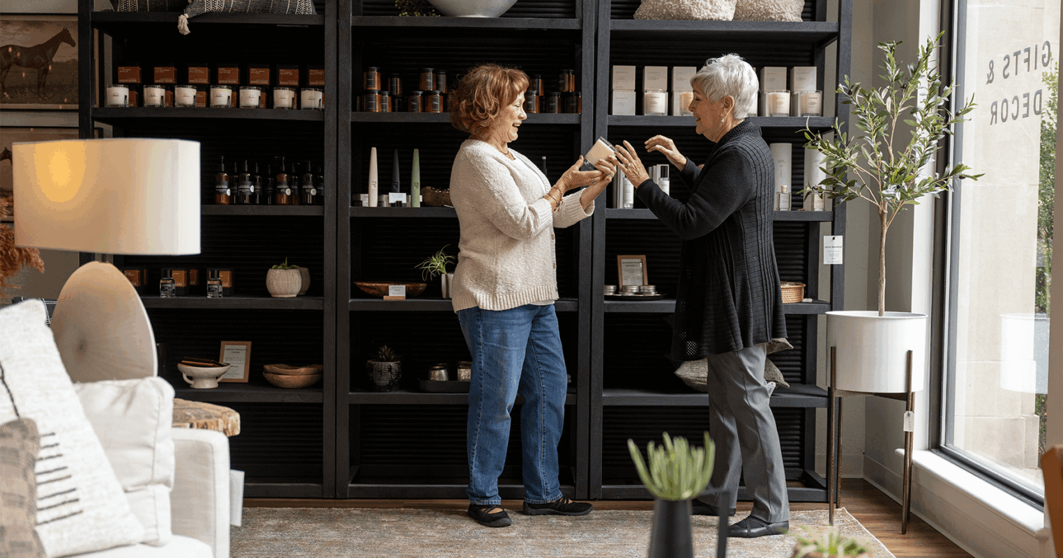 Two residents of a senior living community near Lititz, PA shop downtown