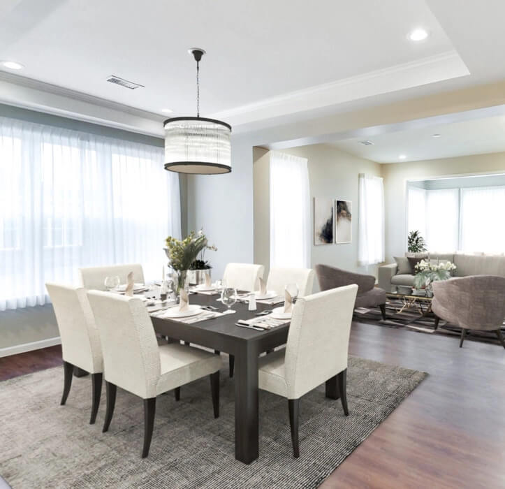 The Jefferson Villa with a wooden dining table and six white chairs around it