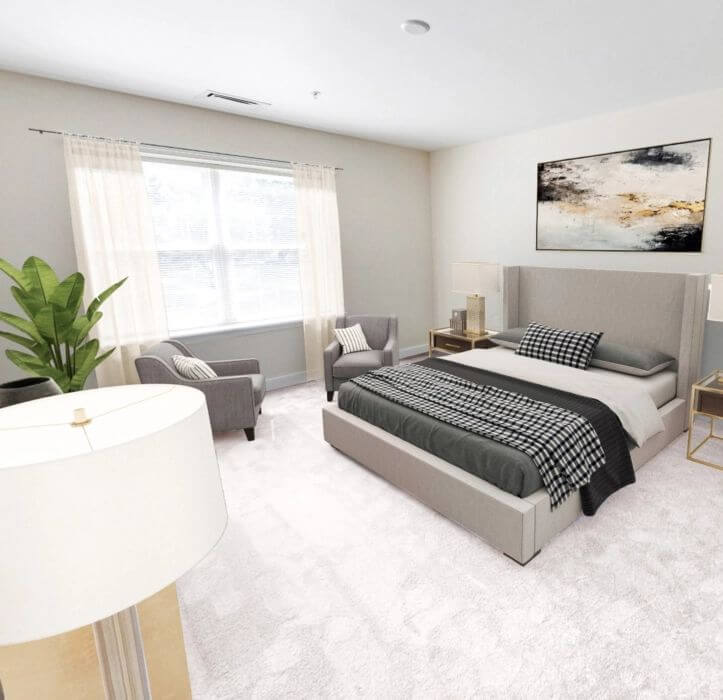 A studio apartment for seniors with a bed against one wall