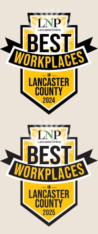 LNP Lancaster Online Best Workplaces in Lancaster County award badges. On the top is the award for 2024 and on the bottom is the award for 2025