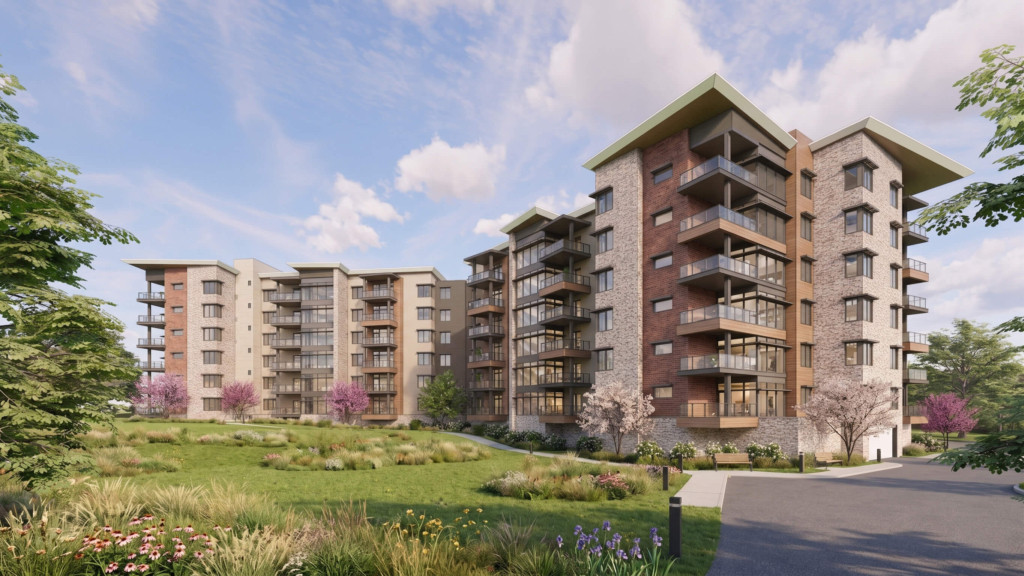 Rendering of the exterior of Woodcrest Villa's new Goldfinch apartments on a sunny day