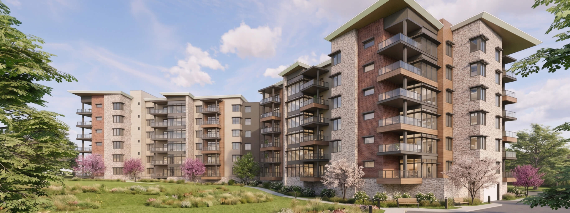 Rendering of the exterior of Woodcrest Villa's new Goldfinch apartments on a sunny day