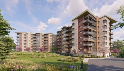 Rendering of the exterior of Woodcrest Villa's new Goldfinch apartments on a sunny day