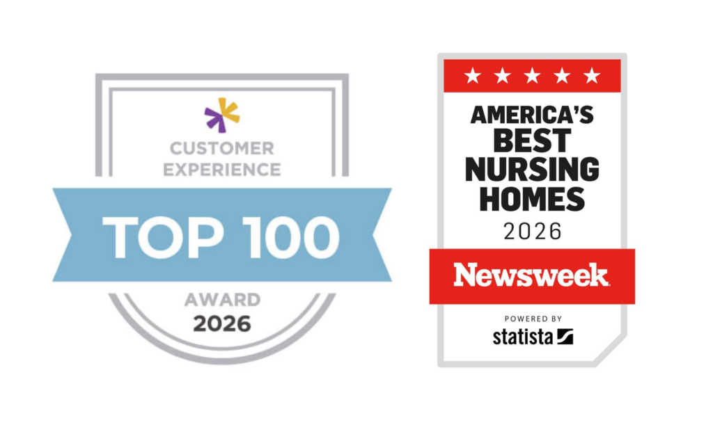 On the left, the Activated Insights customer experience top 100 2026 award badge. On the right, the Newsweek America's best nursing homes 2026 award badge.