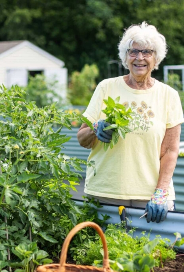 Shirley, a senior independent living resident in Lancaster County, PA, holds up a plant. She stands surrounded by raised garden beds on campus.