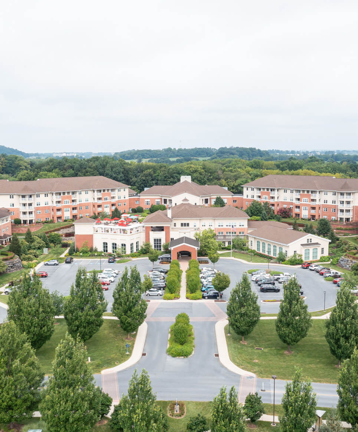 Drone photo of the Woodcrest Villa campus, offering senior living in Lancaster PA